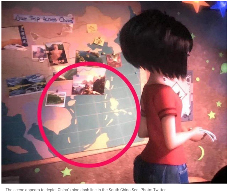 ryotajonen's tweet photo. See how China uses its sharp power in a kids movie. "The U-shape line is a feature used on Chinese maps to illustrate its claims over vast expanses of the resource-rich South China Sea." Read more https://t.co/JdvYbyQSy7 https://t.co/OooFppJqiU