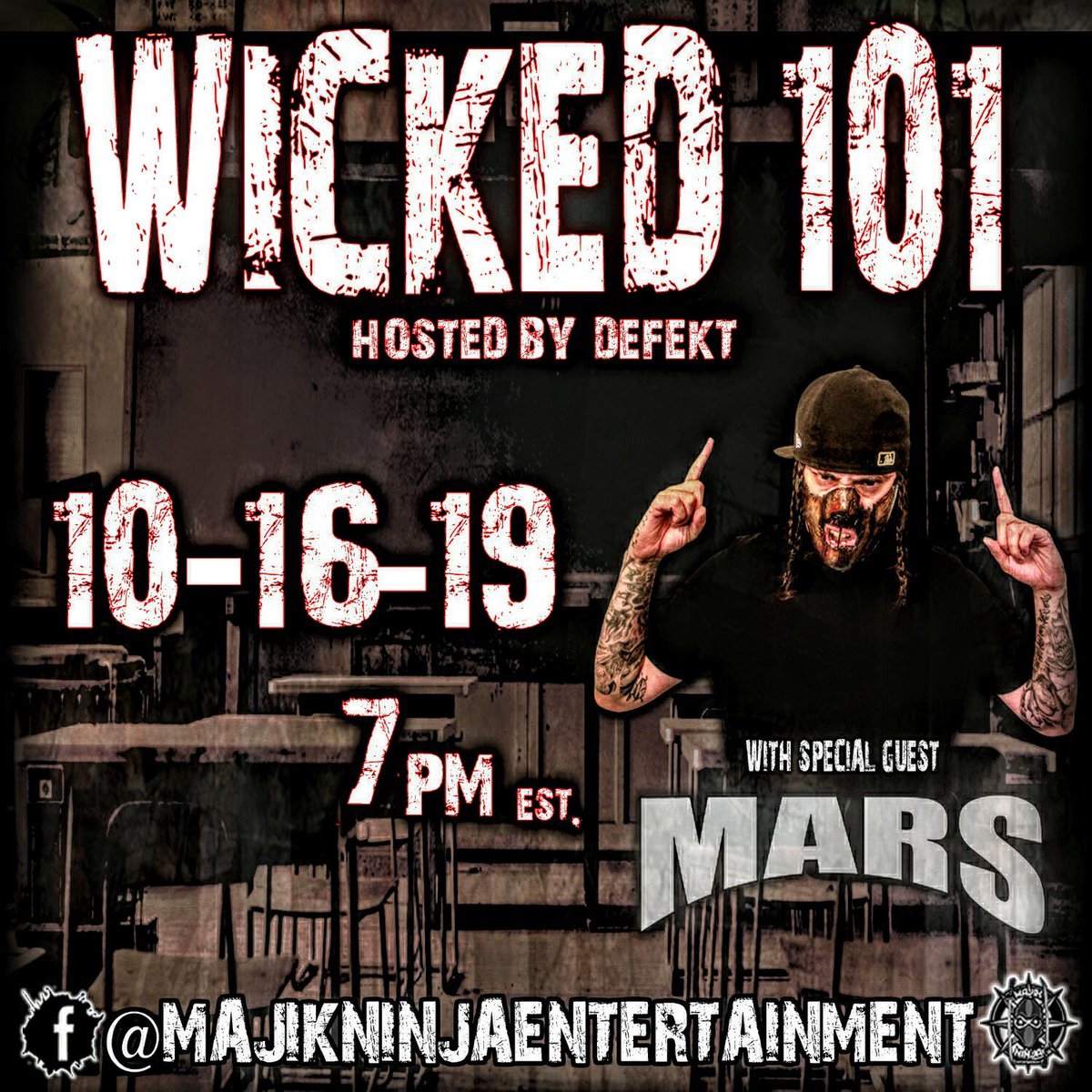 This week! Your homie <a href="/that1killa/">Defekt</a> has special guest <a href="/Mars/">Mars</a> on <a href="/wicked101show/">Wicked 101</a>! Tune in live atthe <a href="/majikninjaent/">Majik Ninja Entertainment</a> Facebook page! #wicked101