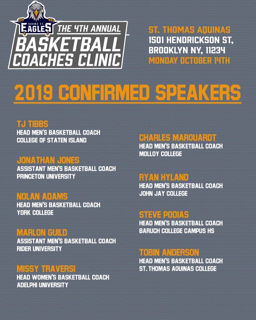 AdamsStEagles's tweet photo. 🏀 Coaches Clinic TODAY in Brooklyn, NY. Still time to register online/ walk up at the door. Clinic video will be sent to all registered coaches.

Amazing line up of speakers to help you prepare for your upcoming seasons.

Parking lot and street parking available. https://t.co/EcaVkoThBJ