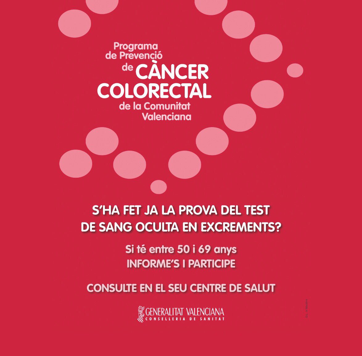 PROGRAMA DE PREVENCIÓ DEL CÀNCER COLORECTAL

El Programa de Prevenció de Càncer Colorectal de la Conselleria de Sanitat Universal i Salut Pública va adreçat a homes i dones d'entre 50 i 69 anys que no presenten símptomes. La prova és gratuïta i consisteix en la recollida d'una...