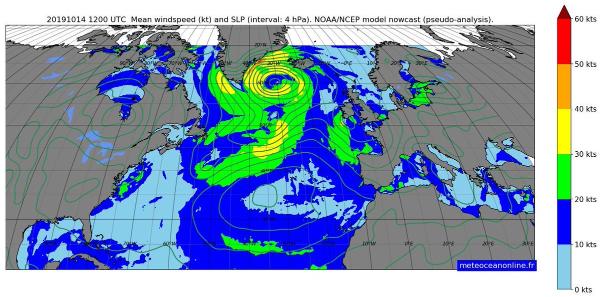 meteocea's tweet image. Wind nowcast from the US global model at 12UTC. 

Storm #Melissa (40°N)  not being the most violent area. Storm #Thilo (Berlin name) and a secondary low also bringing 30-40 kt winds  in the mid ocean and Greenland-Iceland area.

#wind #wxcharts