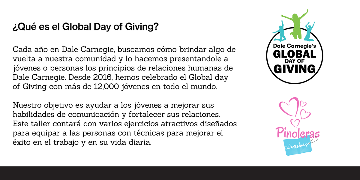 DaleCarnegieNI's tweet photo. ¡Se acerca el Global Day of Giving 2019! Conocé más sobre este evento que se celebra en todas las franquicias de Dale Carnegie a nivel global🗺
#DaleCarnegieGiving #OneCarnegie #TomaElControl #DCTakeCommand #DaleCarnegieNi https://t.co/YQyqK4IzxI