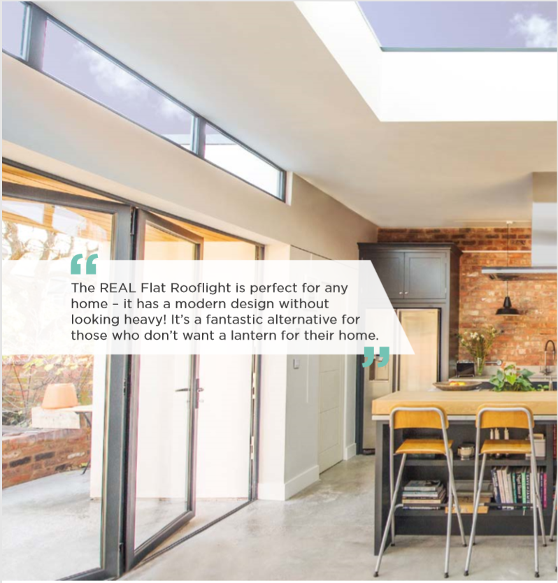 The unique aluminium capping and bespoke structural PVCu internal core make the ultimate glazed flat rooflight. Sitting flush with the internal plaster line, the fixed flat rooflight appears frameless from the interior of the home, creating the illusion of an open roof space