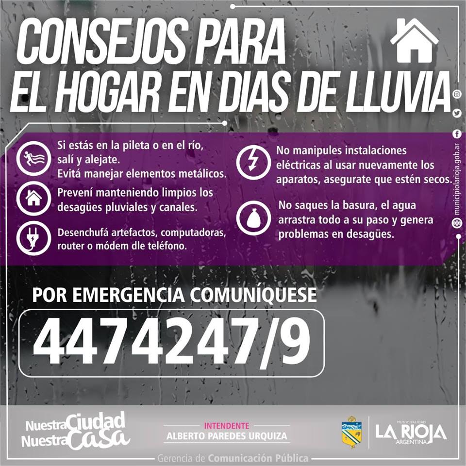 municipalidadlr's tweet photo. A raíz de las intensas lluvias, pedimos a la ciudadanía circular con precaución⚠️
Sobre todo x las avenidas Facundo Quiroga desde Matatin de la Fuente hasta San Francisco como así también por la zona de la UNLaR  debido a que hay zanjas producto de obras de Aguas de LR y EcoGas. https://t.co/uiGFCdTnNu