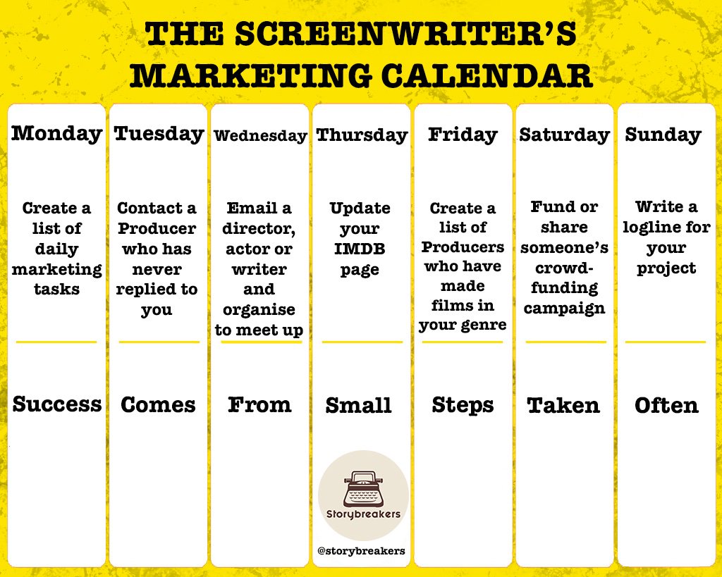 Storybreakers's tweet image. Fresh week ahead! For a little #ScreenwriterMarketing inspiration, here is the calendar that we talked about in the latest YouTube episode: youtu.be/O1CC6ZzBMhc

Just a nice reminder of the small steps you should take daily to help boost your career!