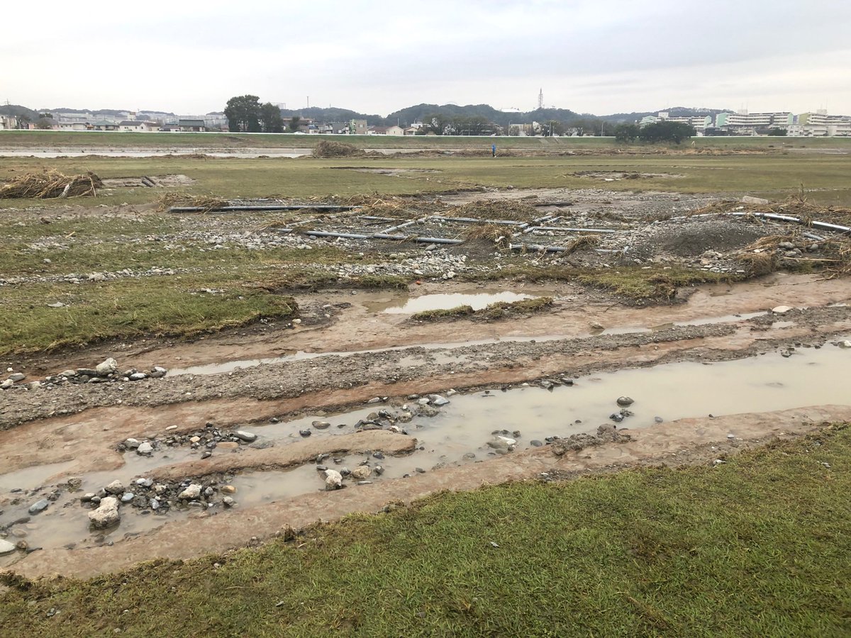 調布多摩川。水は引いた。