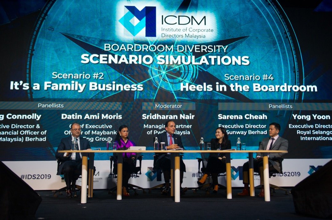 ICDMalaysia's tweet photo. How do we get the balance right between quotas and meritocracy in order to achieve that goal? An unorthodox interactive session to bring boardroom diversity to live – 
Boardroom Diversity Scenario 1: Heels in the Boardroom! &amp; It's a Family Business! Moderated by @Sri_PwC https://t.co/Ao8a2s5L1Q