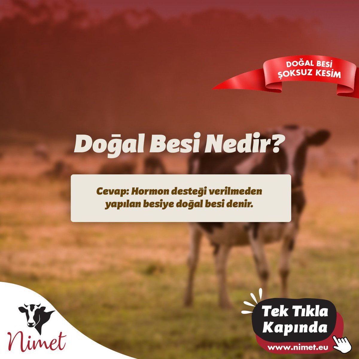 Soru: Doğal Besi Nedir? 
Cevap: Doğal besi, hormon desteği verilmeden yapılan besidir.
.
Frage:Was bedeutet Viehzucht mit Naturfutter? 
Antwort: Viehzucht ohne Hormonunterstützung bedeutet Viehzucht mit Naturfutter.
#nimet #tazeet #helalkesim #doğalbesi #bioet #turkey #germany