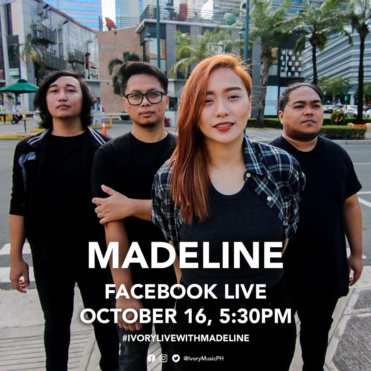 IvoryMusicPH's tweet photo. ⏰ Hang out with rock band @madelinemusicph on #IVORYLIVE on October 16 (Wednesday) at 5:30PM as they talk about their latest single "Tinamaan" and give us an acoustic performance of their hits LIVE! ⏰
Tweet and comment your questions for the band using #IvoryLiveWithMadeline! https://t.co/yI9mY506iE