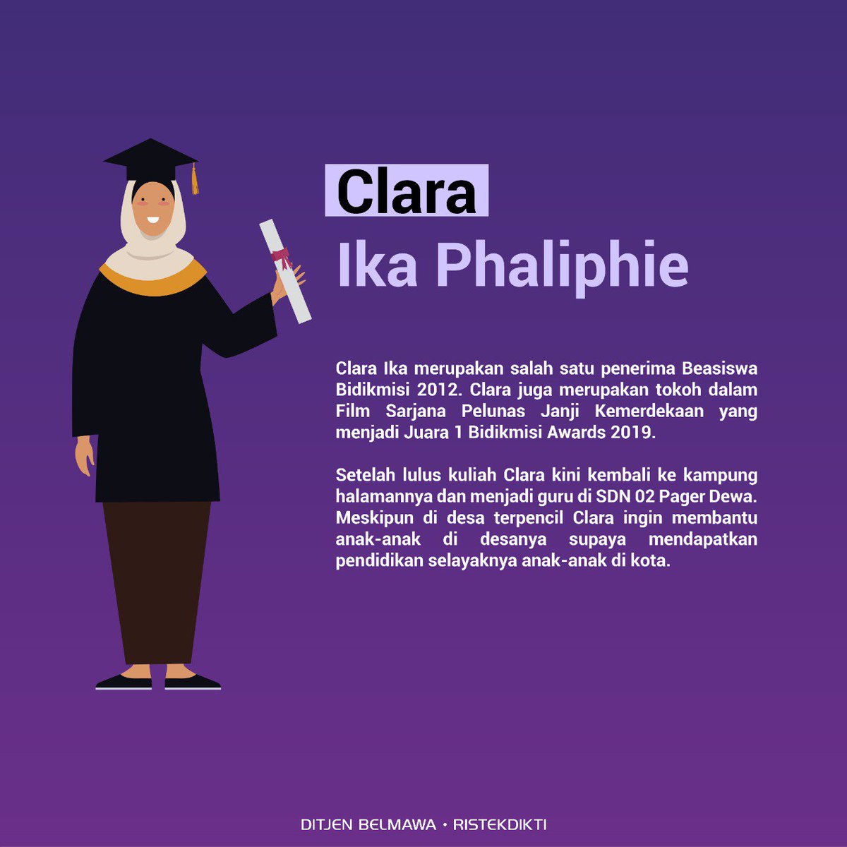Kemdiktisaintek's tweet image. Halo #SobatBelmawa!

Clara Ika Phalupie, alumni Bidikmisi tahun 2012, yang menjadi pemeran utama dalam Film Sarjana Pelunas Janji Kemerdekaan dan baru saja memenangkan Juara 1 Film Antologi Bidikmisi Awards.

#Ristekdikti #Belmawa