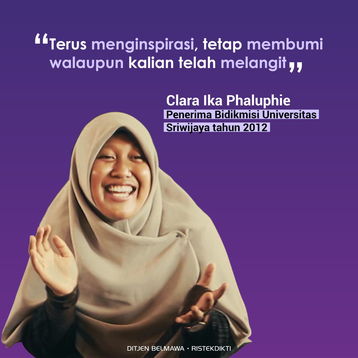 Kemdiktisaintek's tweet image. Halo #SobatBelmawa!

Clara Ika Phalupie, alumni Bidikmisi tahun 2012, yang menjadi pemeran utama dalam Film Sarjana Pelunas Janji Kemerdekaan dan baru saja memenangkan Juara 1 Film Antologi Bidikmisi Awards.

#Ristekdikti #Belmawa