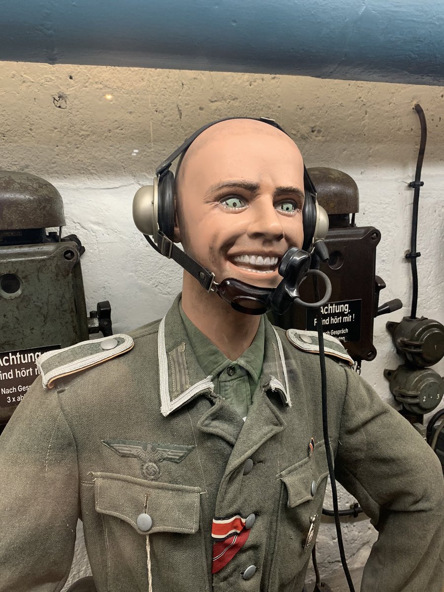Woah!  The Tommies are coming!  Is he scared?  Excited?  Gone insane?  Quite a look from this feller at the Flak Tower at Ouistreham.
#DDay75