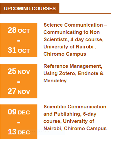 #Repost 
UPCOMING  
@tccafrica
  courses  in #Kenya #scicomm #ResearchCapacity #AcademicChatter 
@AcademicKE
  
@RPEUoN
 
@vcuonbi
 
@uonbi
 
@CAVS_UON
 
@aphrc
  #referencemanagement #Academicwriting #openaccess 
@digitalsci
 
@DOAJplus
  #TCCat10 
@Samooner