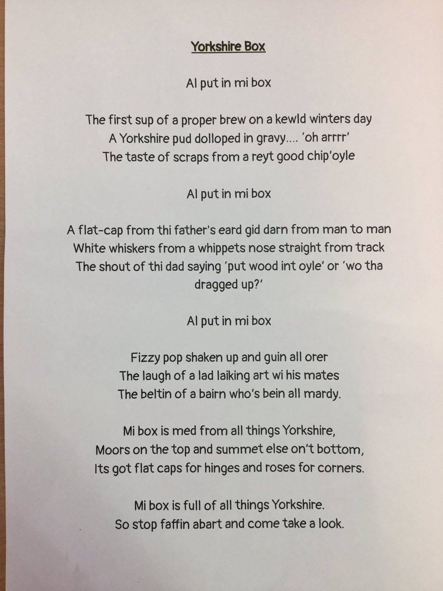 MrReevesKemp's tweet photo. The children enjoyed my Yorkshire take on Kit Wright’s Magic Box poem. I can’t wait to see their Yorkshire poems come together over the next couple of weeks. I can finally talk using my actual voice in lesson! #yorkshirebox #kitwright @HaxbyRoad https://t.co/hxCl83eYvd