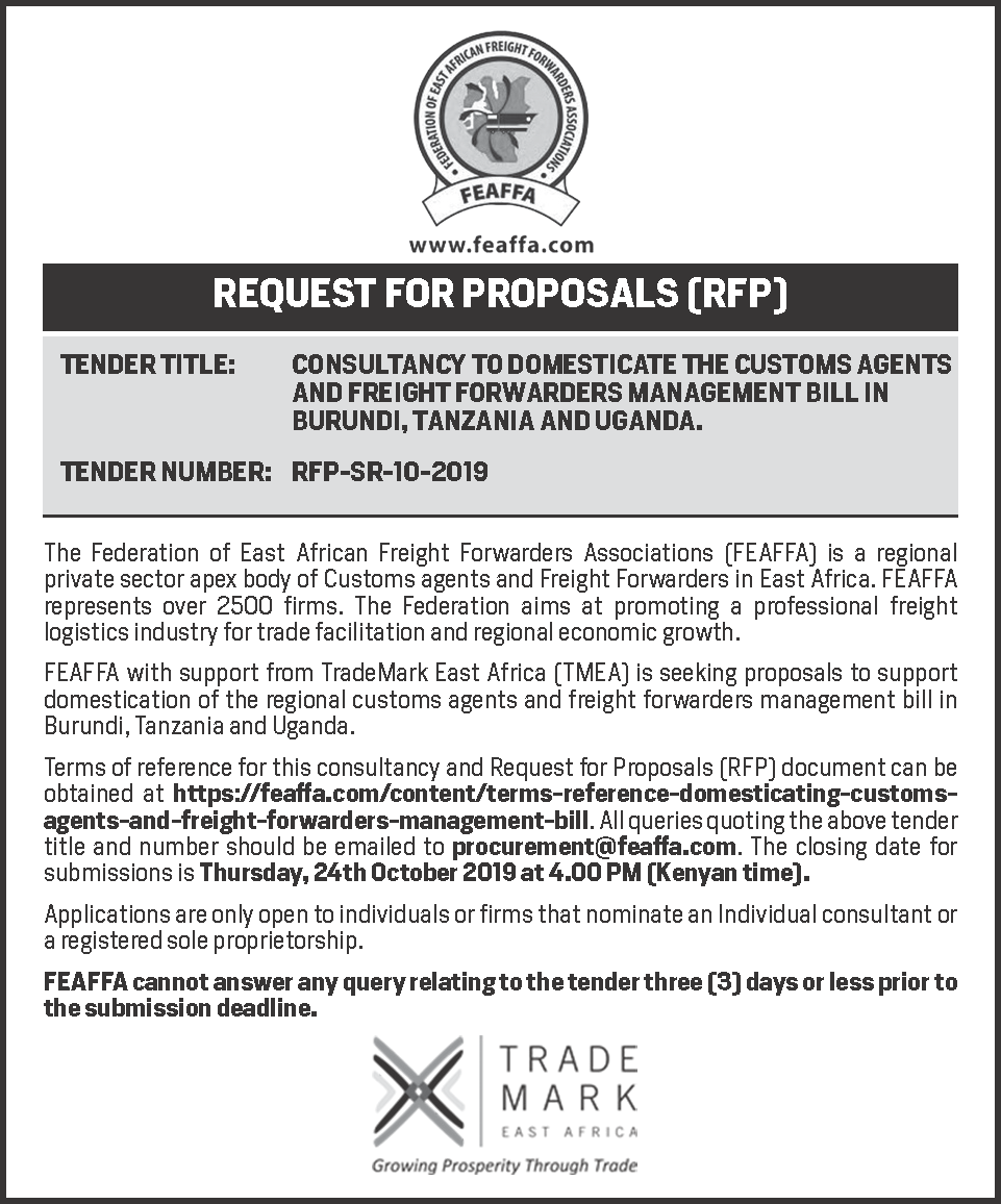 APPLY TODAY!! CONSULTANCY to Domesticate the Customs Agents and Freight Forwarders Management Bill in Burundi, Tanzania and Uganda. 

Details: bit.ly/35zLGoM 

<a href="/lawsocietykenya/">Law Society of Kenya</a> <a href="/prstofficial/">PRST</a> <a href="/UFFAuganda/">UGANDA FREIGHT FORWARDERS ASSOCIATION</a> <a href="/RwaffaOfficial/">RWAFFA</a> <a href="/kifwa_kenya/">KIFWA KENYA</a> <a href="/KRA_Customs/">Dr. Lilian Nyawanda</a> <a href="/NLPuganda/">National Logistics Platform</a> <a href="/jumuiya/">East African Community</a>