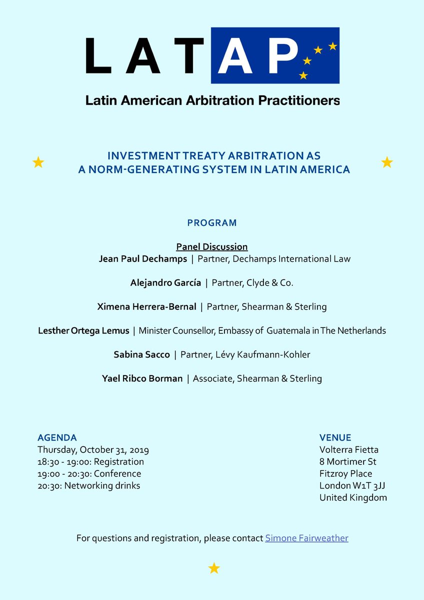 latin_eu's tweet photo. We are happy to invite you to our London launch event on 31 October 2019 at Volterra Fietta, where we will discuss “Investment Treaty Arbitration as a Norm Generating System in Latin America”. https://t.co/RKn3Fw1IIZ