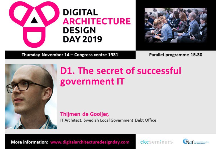 In the presentation at #DADD2019 Thijmen de Gooijer IT Architect at the Swedish Local Government Debt Office will explain The secret of successful government IT . #Agile, #DevOps #architecture #practices #ITarchitecture #EA #Softwarearchitect #enterprisearchitecture #entarch