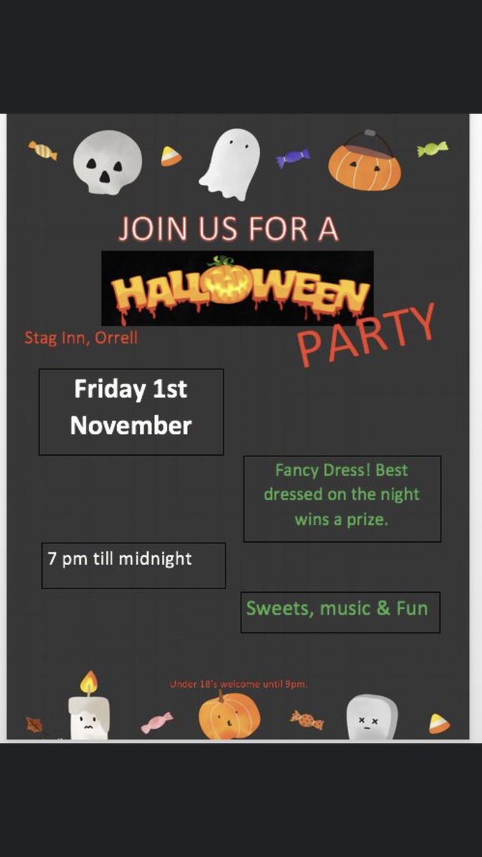 Staginn1's tweet photo. This year at the stag we are hosting a Halloween party!!! Join us from 7pm on Friday 1st November!! Sweets, treats and spookiness👻👻 fancy dress, children welcome until 9pm so bring the family 👍🏼 best dress child and adult will win a prize🎃🎃 #halloween #halloweenparty #orrell https://t.co/nV3FWglcXi