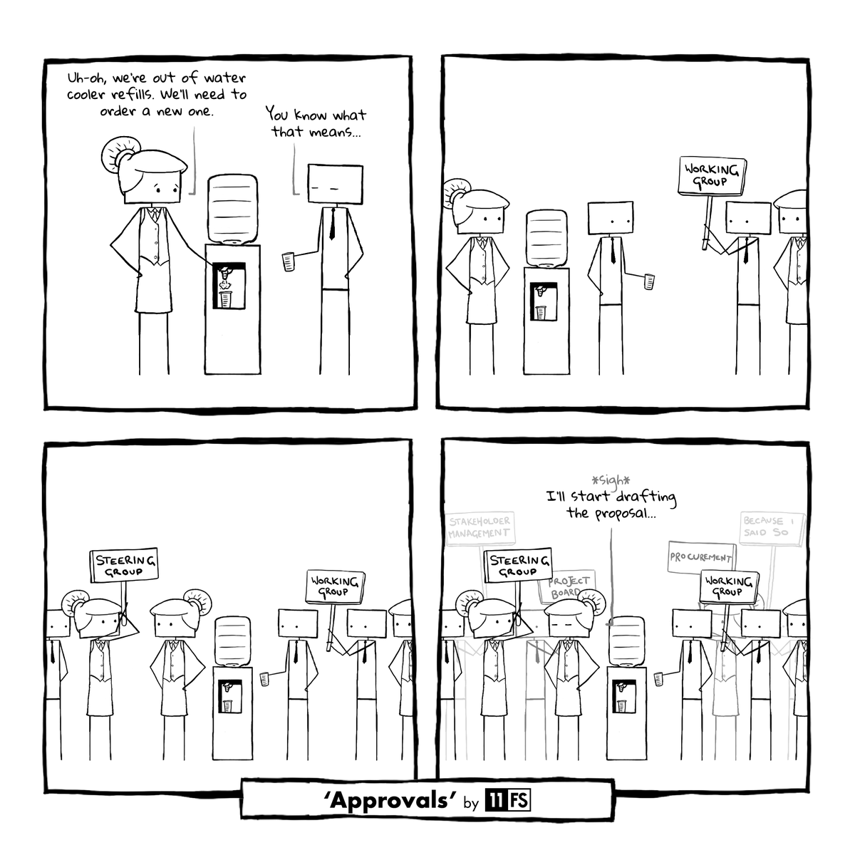 11FS's tweet photo. Approval processes are often necessary, but there's a time and a place.
Sometimes you just need to refill the water quickly🤷🏻♀️
#11FSComic https://t.co/a3tNMVG5Ki