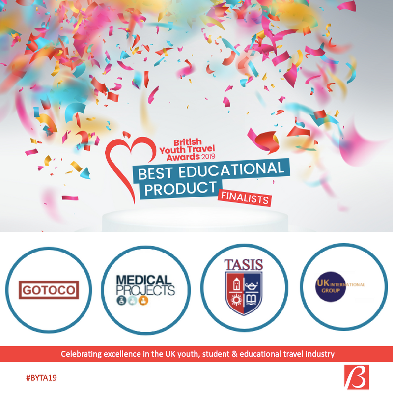 BYTAwards's tweet photo. Well done to this years finalists for Best Educational Product @GotocoChina @medicprojects @tasisengland @UKIntgroup 🎉

https://t.co/LyFxLlrEUG

#BYTA19 #awards #youthtravel #educationaltravel https://t.co/lf9TY6GrIJ
