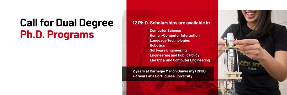 CMUPortugal's tweet photo. 📢 OPEN Call for 12 Dual Degree Ph.D. Scholarships in #ICT under the #CMUPortugal Program for the 2020/2021! Application deadlines are December 12, 15 and 31 depending on the Ph.D. research area. 
See all information on how to apply at our website.
👉 https://t.co/OlYlE6jU1u https://t.co/Yzf2HW3DSw
