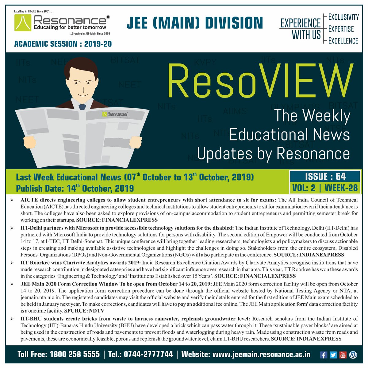 Resonance_JMD's tweet photo. ResoVIEW_Week_28 (Session 19-20) | Issue 64

▪️▪️Hｅａｄｌｉｎｅｓ▪️▪️

#WeeklyNews #ResoVIEW #Edcuational #News
#Resonance #EducationalNews #IIT #IIIT #NIT #INITIATIVEBYRESONANCE #JEEMainDivision #kotacoaching https://t.co/bA6lgYb4iT