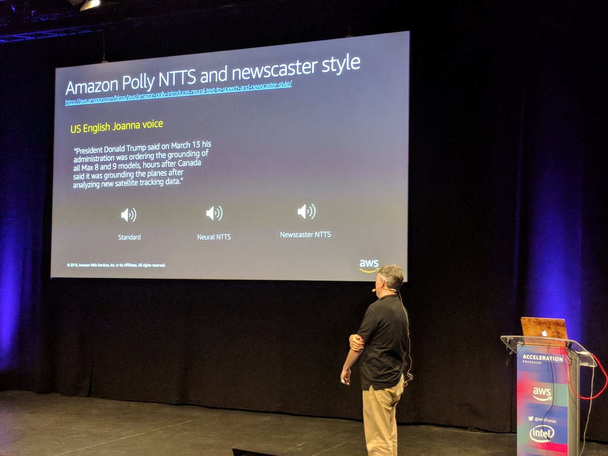 o_lemaitre's tweet photo. Démo impressionnante de synthèse vocale avec amazon Polly par @sebsto   ici à l'#acceleration #roadshow #lille #grandpalais #AI #ML https://t.co/c9CiVSokvG