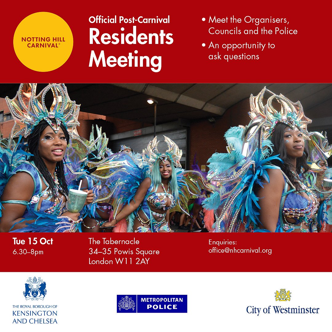 NHCarnivalLDN's tweet photo. A reminder to our neighbours... please do join us tomorrow to discuss NHC 2019... What worked for you, and how we can improve for 2020. All RBKC and WCC residents are welcome. Hope to see you there! 😀 https://t.co/Eqrikgjvfy