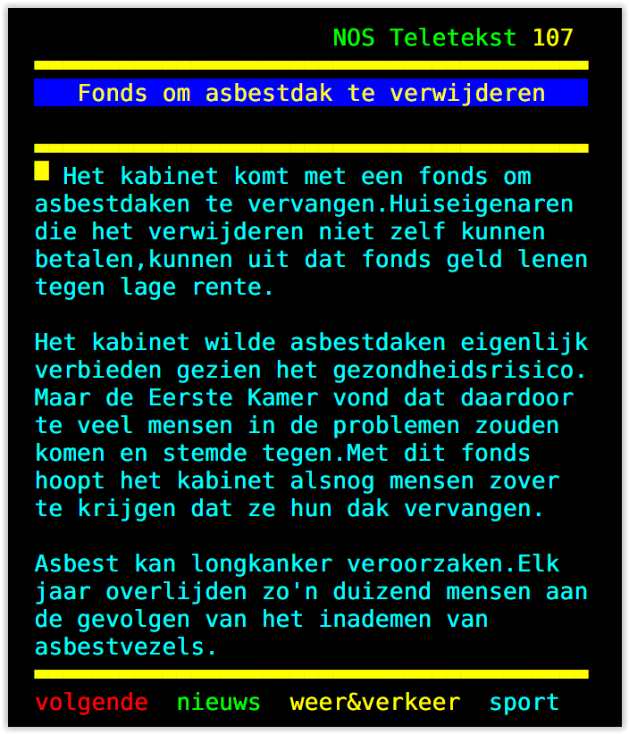 Glipto's tweet photo. Nepnieuws in de laatste alinea.  Het gaat om blootstelling aan asbest in het verleden. Nu lijkt het alsof asbest daken 1000 doden per jaar veroorzaken. https://t.co/7SJNrddy9t