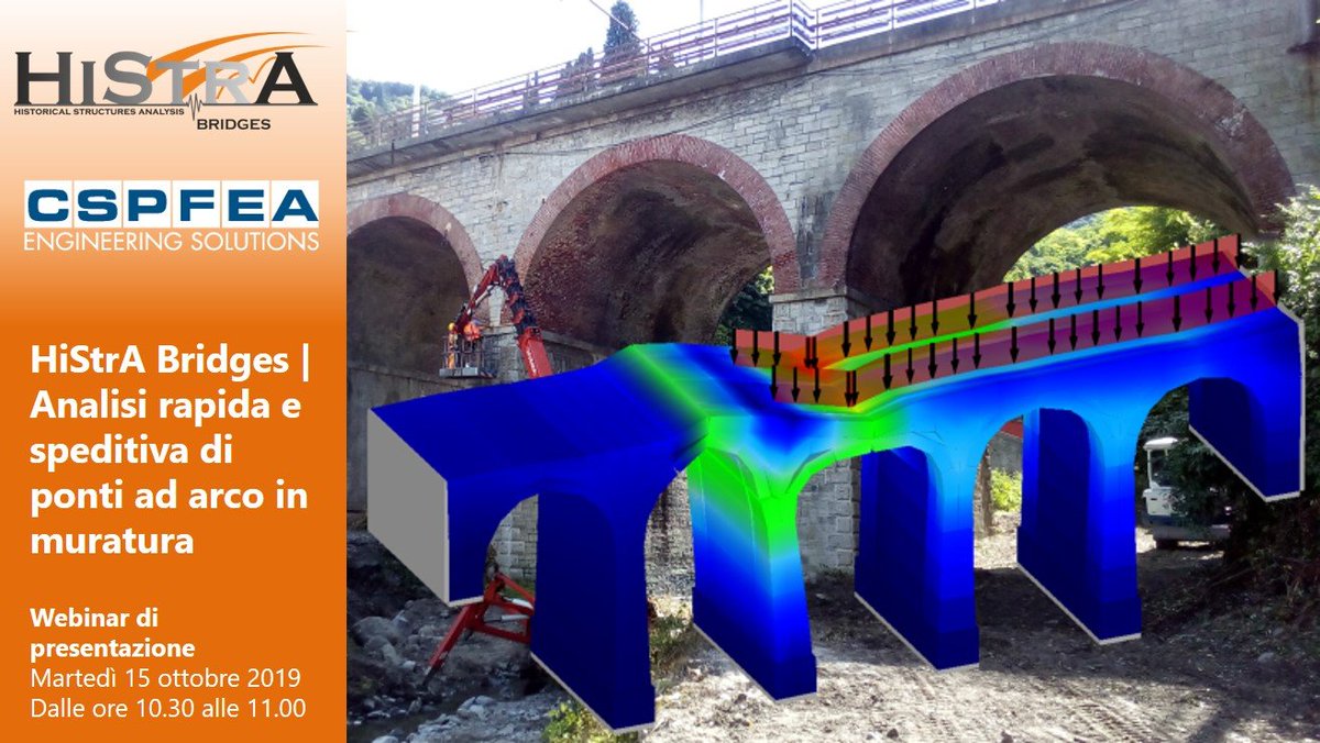 cspfea's tweet photo. 15 ottobre 2019: #Webinar HiStrA Bridges dalle ore 10.30. Scopri come fare analisi rapide e speditive di #ponti ad arco in #muratura > https://t.co/THsKnURf2H https://t.co/X6agrLNEyd