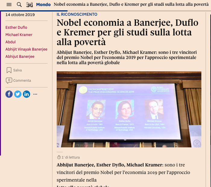 MicheTiraboschi's tweet photo. "Banerjee, Dyflo, Kramer". Un mestiere storico ma in via di estinzione: il #correttore di #bozze. Il nome dei vincitori del Premio Nobel Economia 2019 (#Banerjee #Duflo #Kremer) storpiato in 2 casi su 3 sul più autorevole quotidiano economico italiano. Errore umano o automazione? https://t.co/hrbnv0vkfO