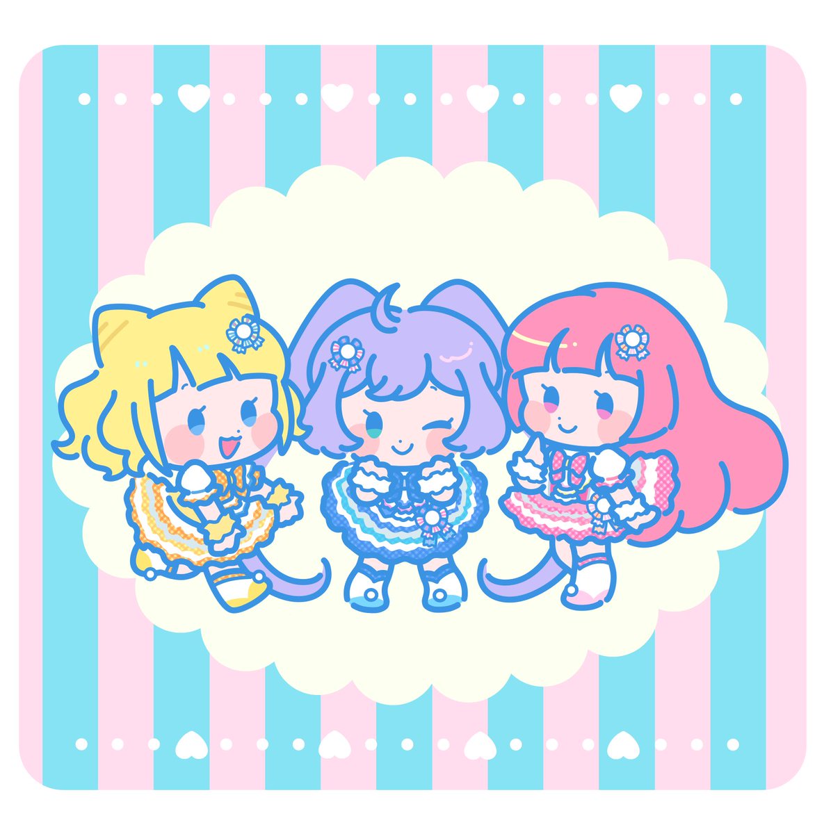 multiple girls 3girls chibi blonde hair smile one eye closed pink hair  illustration images