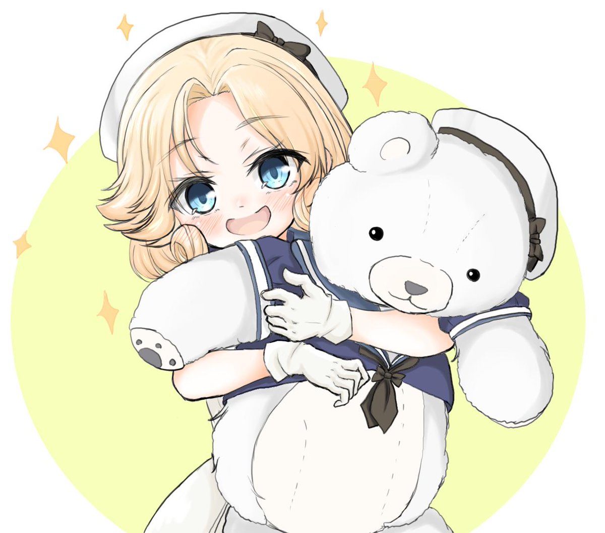 1girl blonde hair blue eyes stuffed toy stuffed animal dress white gloves  illustration images