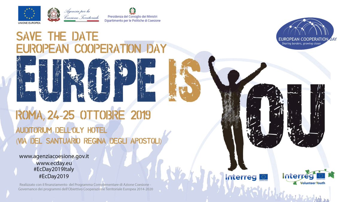 Interreggr_it's tweet photo. #ECDay will be celebrate on 24-25 October in Rome by the Italian Agency for Territorial Cohesion. Register here 👉https://t.co/YmCxx05Pmc

#EUROPEisYOU 
@InteractEU 
  
@CooperationDay @euagenda 
 
@DipPoliticheUE @RegioCohe @cohesify https://t.co/MuplvOP1NG