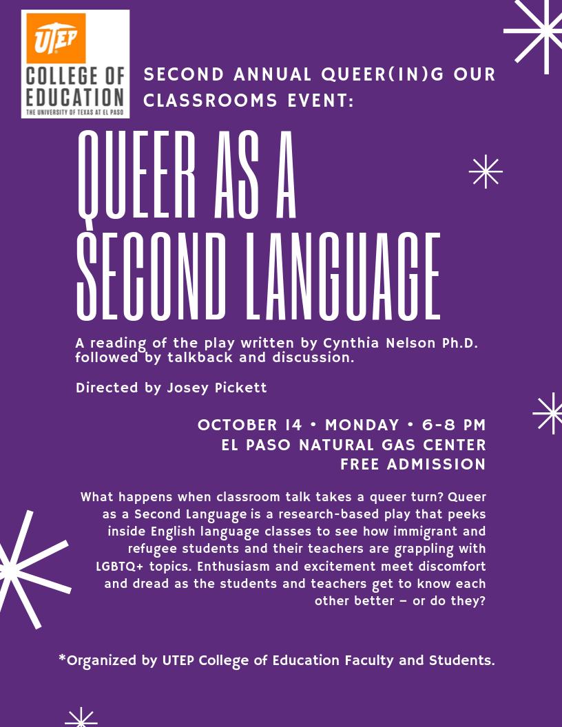 CynthiaDNelson's tweet photo. As a former resident of San Antonio, Texas, I'm excited to watch professional and student actors perform my verbatim play #QueerasaSecondLanguage in #ElPaso (I'll be doing post-play Q&A from Sydney). Greetings to @pmatsudo in Arizona! @utepnews #verbatimtheatre #ethnodrama https://t.co/wF7Rnfq7pU