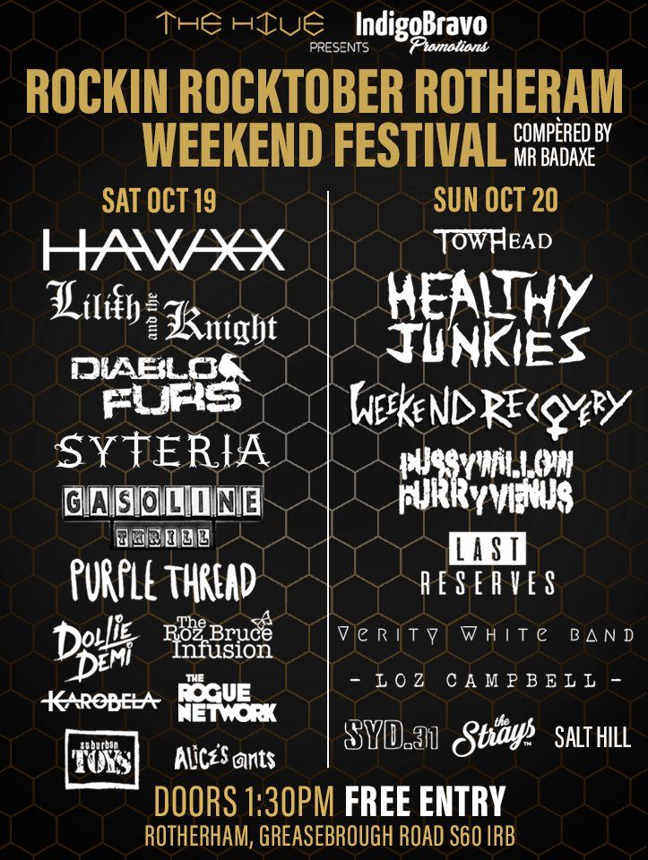 RothTownCentre's tweet image. Check out what's on at The Hive this weekend for the Rockin Rocktober Rotherham event! Doors open at 1:30pm and it's free entry too 😀 🎸 🎺 🎤 🎼 #rotherhamiswonderful #livemusic @thetradeslive @RothUnderground