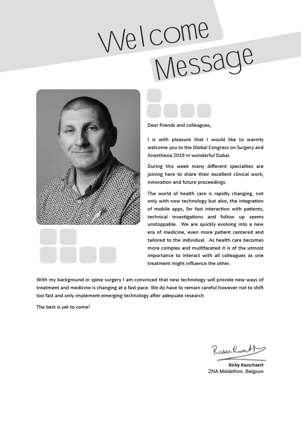 GCSAConf's tweet photo. Sign up for the "Global Conference on Surgery and Anesthesia"#GCSA2019 during October 21- 23, 2019 at Dubai, UAE!!!
Warmest greetings to our speakers from organizing committee member
@RickyRasschaert
from ZNA Middelheim, Belgium..
https://t.co/F7X3pGv7bE
#SurgeryConferences2019 https://t.co/jKRaq07i5F