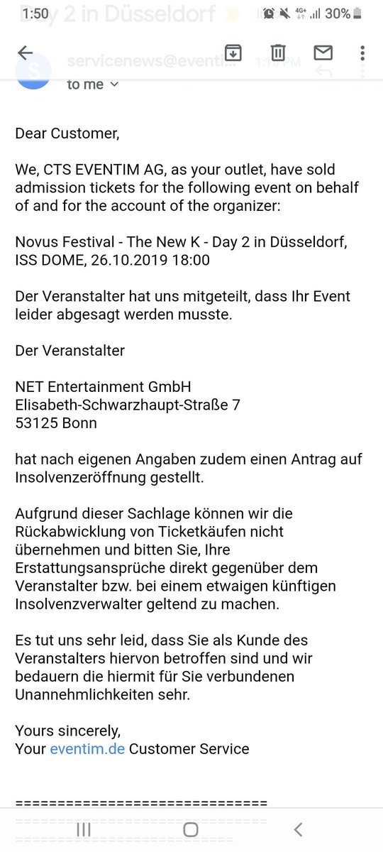 nctinlahouse's tweet photo. So this is the email I got from Eventim. They cannot help with refunds due to the bankruptcy claims (I had to translate this). Anyone has been able to contact Net entertainment and receive some information? #novus #novusfestival #Dusseldorf #netentertainment https://t.co/nqR9S8HFcs