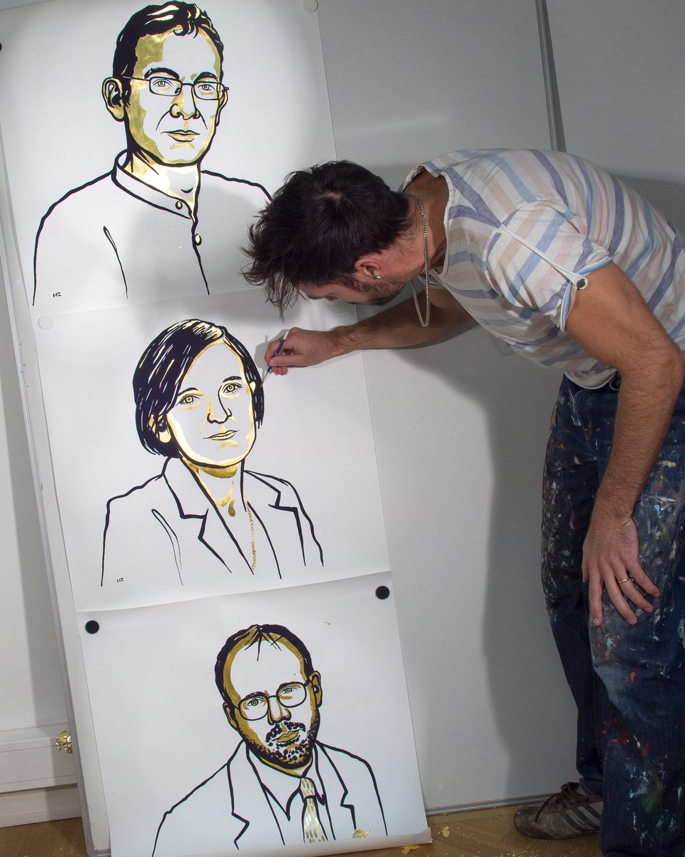 NiklasElmehed's tweet image. Final touch on today's Nobel Laureates in Economic Sciences. A very cool prize, awarded for alleviating global poverty. #nobelprize #economics #againstpoverty #portraitpainting
