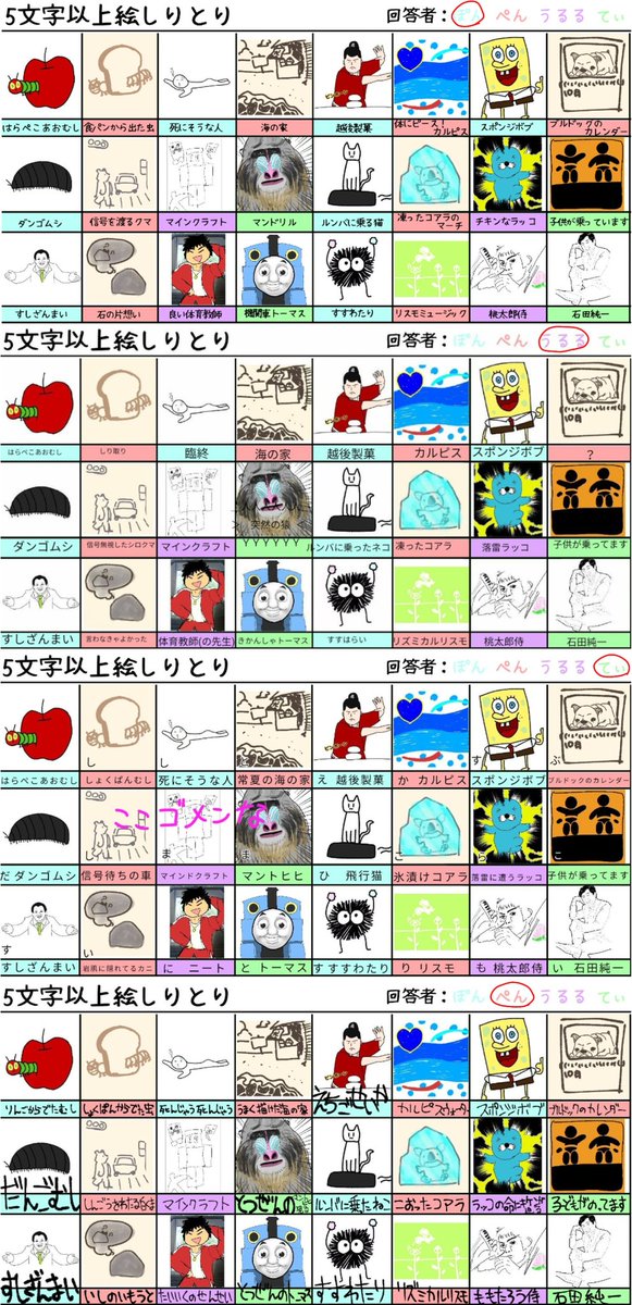 טוויטר すぽんじ בטוויטר フォロワさんと5文字以上絵しりとりで遊びました めちゃくちゃ楽しかったです T Co Zhafpniuvz