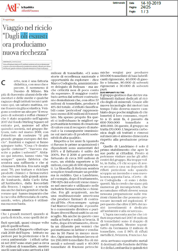 Itelyum's tweet photo. Affari&Finanza di La @repubblica ospita un reportage su #ITELYUM, raccontato dal punto di vista degli studenti che hanno visitato l'impianto di Landriano. 'Viaggio nel #riciclo' illustra i risultati di chi trasforma il fine vita in una risorsa. #14ott #green #rassegnastampa https://t.co/dl5re8ZVi6