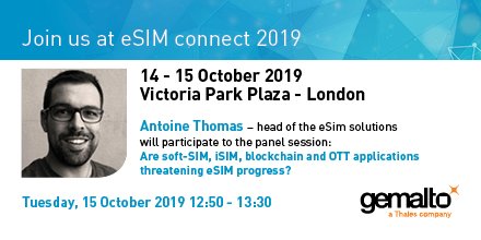 ThalesDigiSec's tweet photo. Can you join the conversation tomorrow at #eSIMConnect discussing whether soft-SIM, iSIM, #blockchain and OTT applications are threatening #eSIM progress? In the meantime, learn more about #5G technlogy and networks: https://t.co/pQDr1p9gCW @MVNOsSeries https://t.co/6YKa1maJFU