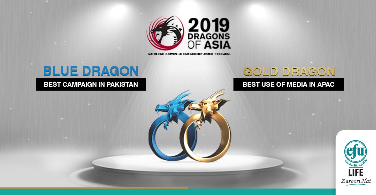 EFU_Life's tweet image. We are proud to announce that #EFULife has bagged two prestigious awards at the #DragonsOfAsia ceremony for Pakistan’s first life insurance webseries, #Humrahi.

The campaign was awarded the Blue Dragon for Best Campaign in Pakistan &amp;amp; Gold Dragon for Best Use Of Media In APAC.