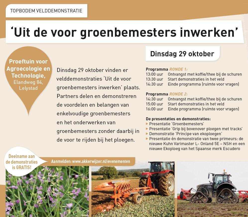 🚜Op dinsdag 29 oktober zijn er in Lelystad twee #velddemonstraties 'Uit de voor #groenbemesters inwerken'🚜 incl. 2 primeurs! Deelname is gratis! Aanmelden is verplicht: bit.ly/2pjejGp

<a href="/VANDINTERSEMO/">VANDINTER SEMO</a> <a href="/ZuidbergGroup/">Zuidberg Group</a> <a href="/WUR/">Wageningen U&R</a> <a href="/Agrometius/">Agrometius</a> 
<a href="/DelphyNL/">DelphyNL</a> <a href="/weeversbv/">Weevers Mechanisatie</a> <a href="/ReesinkAgri/">REESINKAgri</a>
