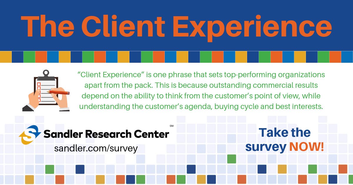 Explore the dynamics of selling!

The second research survey, "The Client Experience," is now LIVE! By completing this survey, you will automatically be emailed the complete results.
Take the survey NOW>> buff.ly/2Y9NuAE   

#SandlerTraining #Trustpointe #Indianapolis #IN