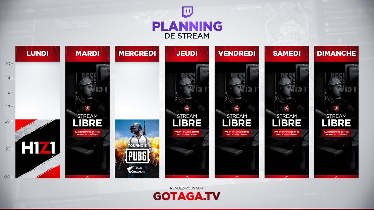 GotagaTV's tweet image. Planning de la semaine 🗓

En attendant de savoir ce que nous réserve Fortnite, rendez-vous ce soir pour un comeback sur H1Z1 ! ☄

▶ Gotaga.tv | twitch.tv/gotaga