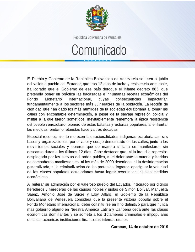 #COMUNICADO | Venezuela se une al júbilo del digno y valiente pueblo de Ecuador, heredero de causas justas, al lograr una memorable victoria popular sobre el FMI, con la derogación del infame Decreto 883 que pretendía imponer anacrónicas, fracasadas e inhumanas recetas económicas