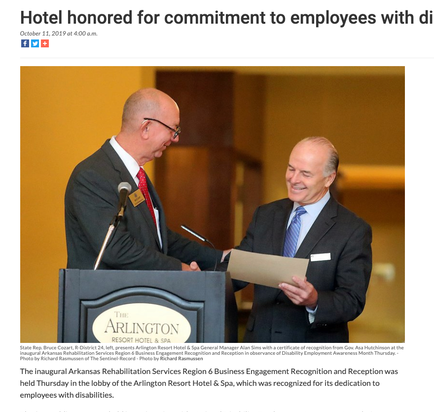 ArkansasDWS's tweet photo. Great story by the Hot Springs Sentinel-Record on honoring the Arlington Resort Hotel &amp; Spa for their 25-year dedication to hiring individuals with disabilities during National Disability Employment Awareness Month.

https://t.co/Nna9sreNUH

#NDEAM  #ARDEAM https://t.co/D4DtuEvjil