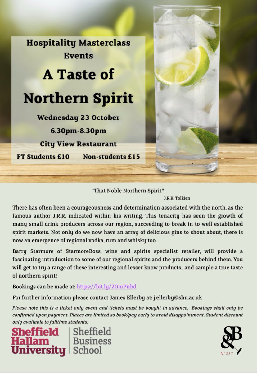 Here it is..our first masterclass event! Hosted by Barry from Starmore Boss and academic lead James Ellerby, join us for a taste of true Northern Spirits, including Gin, Vidka, Whisky and Rum. Buy your tickets at this link, £10 for full time students!  bit.ly/20mPnbd 🍸