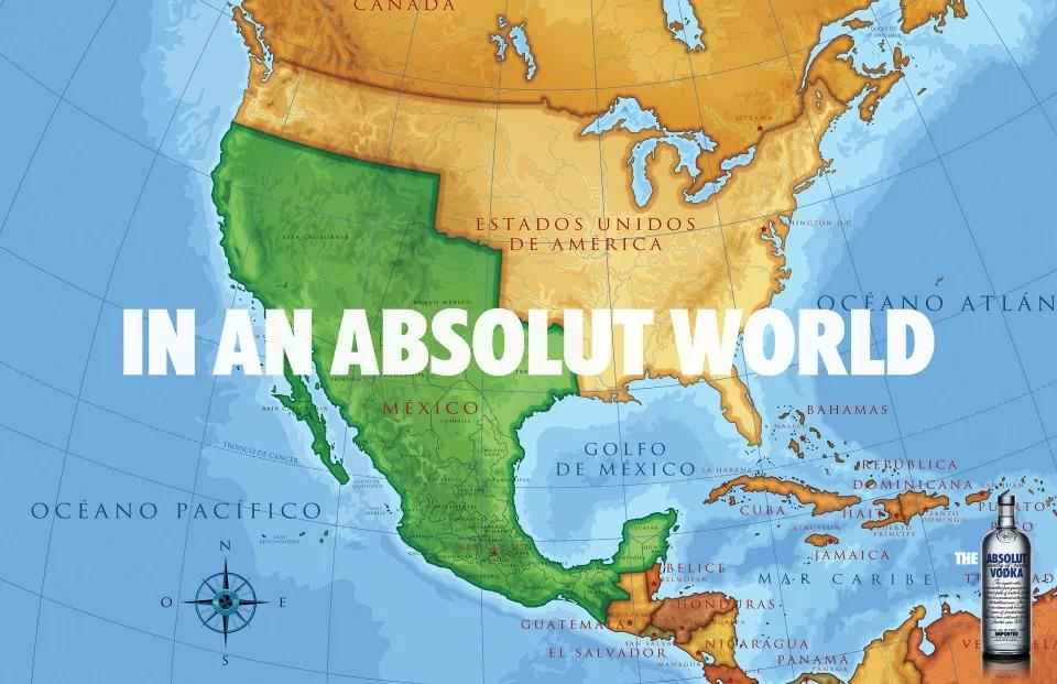 73libros's tweet photo. La ingeniosa publicidad de Absolut Vodka, con un mapa que  muestra donde estaba la frontera con USA antes de la guerra de 1848. La Alta California, Texas y Nuevo México aún eran territorio mexicano en lo que hoy en día es California, Texas, New Mexico, Utah, Colorado y Arizona. https://t.co/fXsatgCCLO